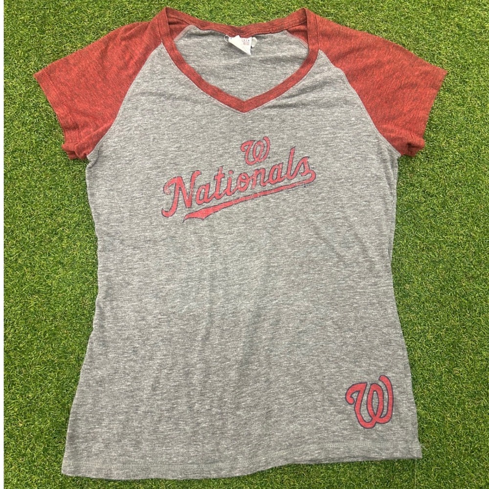 Washington Nationals MLB Campus Lifestyle Raglan V-Neck T-Shirt Grey Red Womens